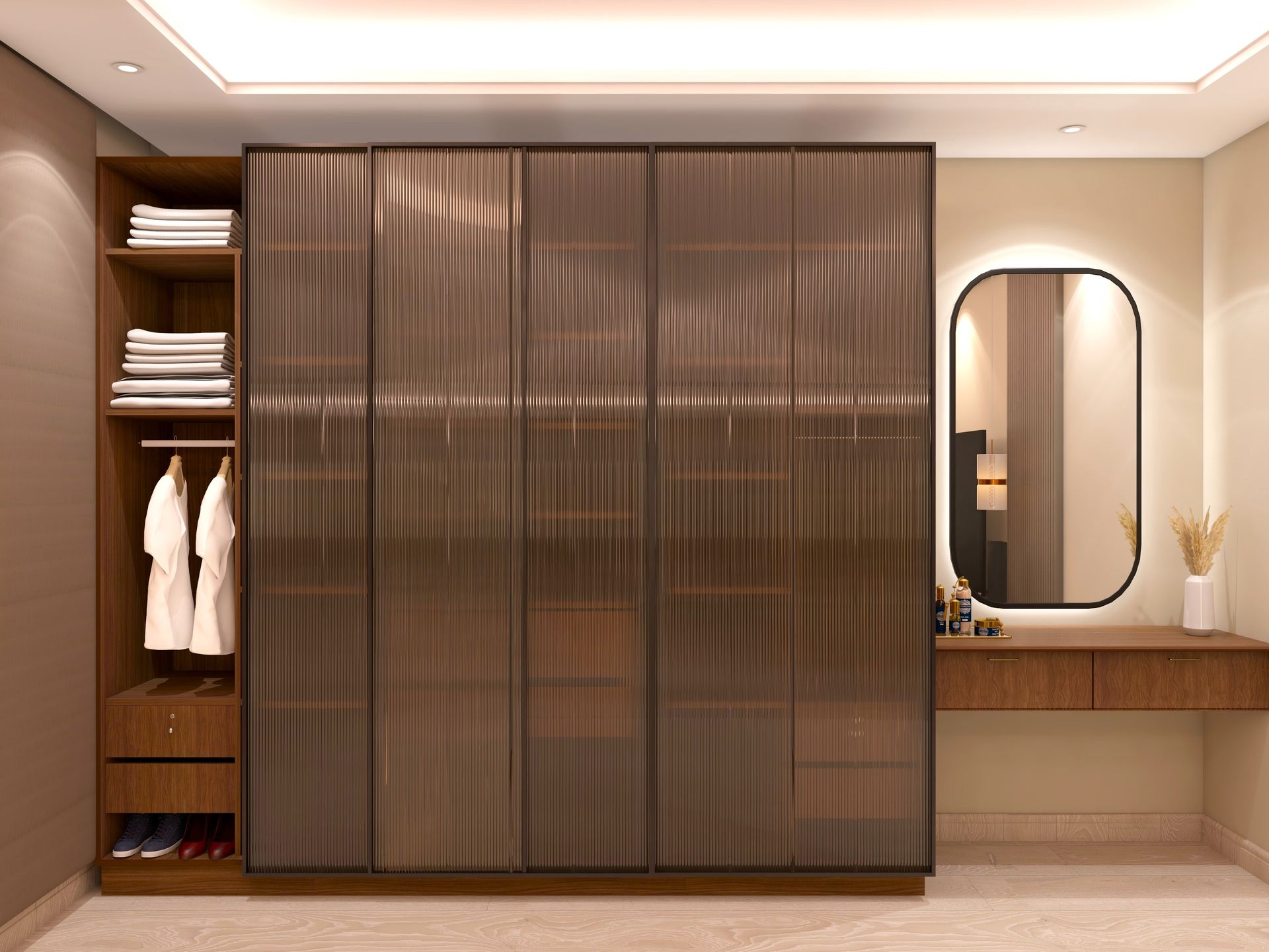 Modern bedroom with a large sliding wardrobe, open shelving, and a vanity with mirror and chair.