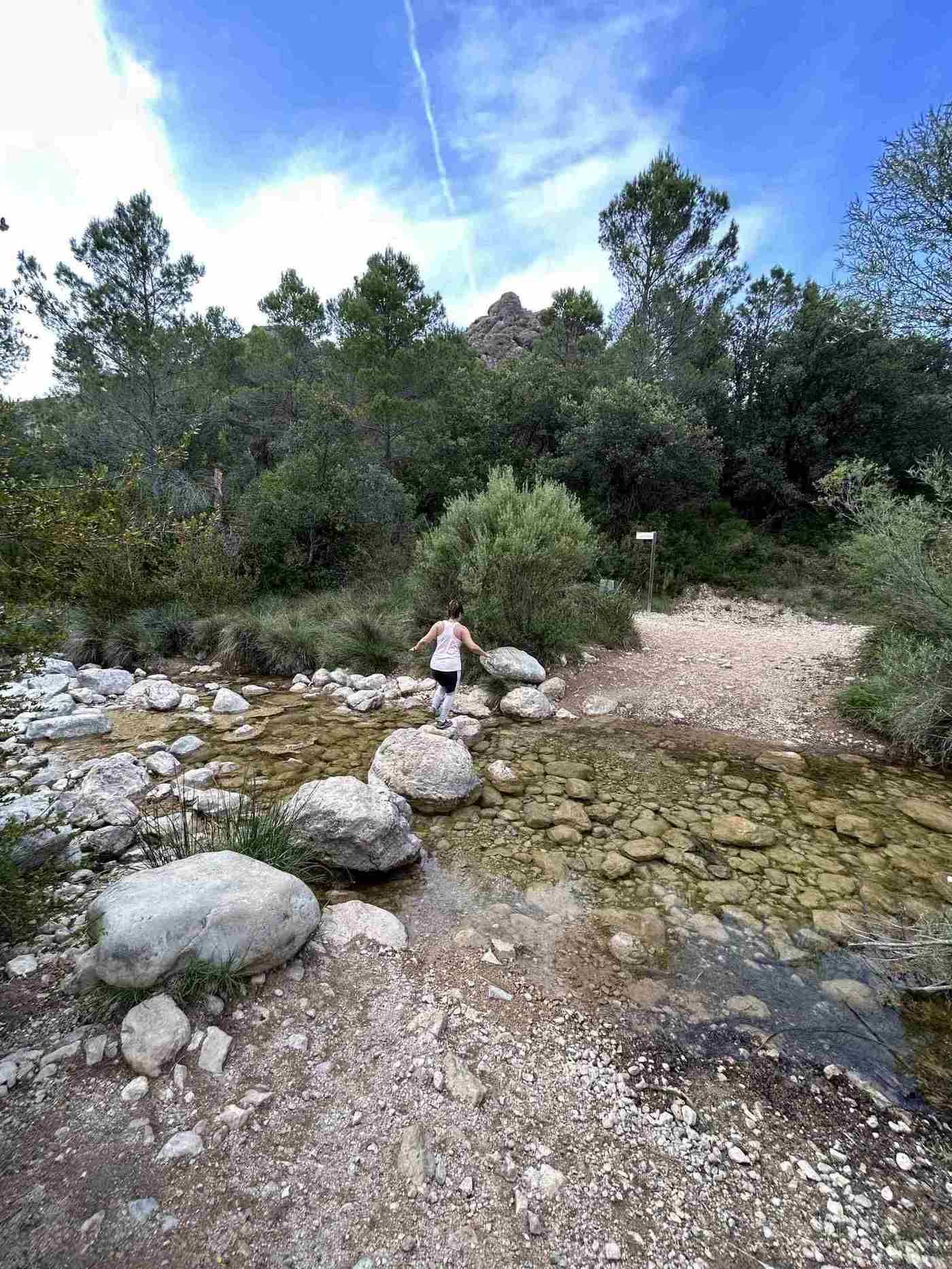 Persona caminant per sobre de pedres en un rierol poc profund, envoltada d'arbres. Dia assolellat.