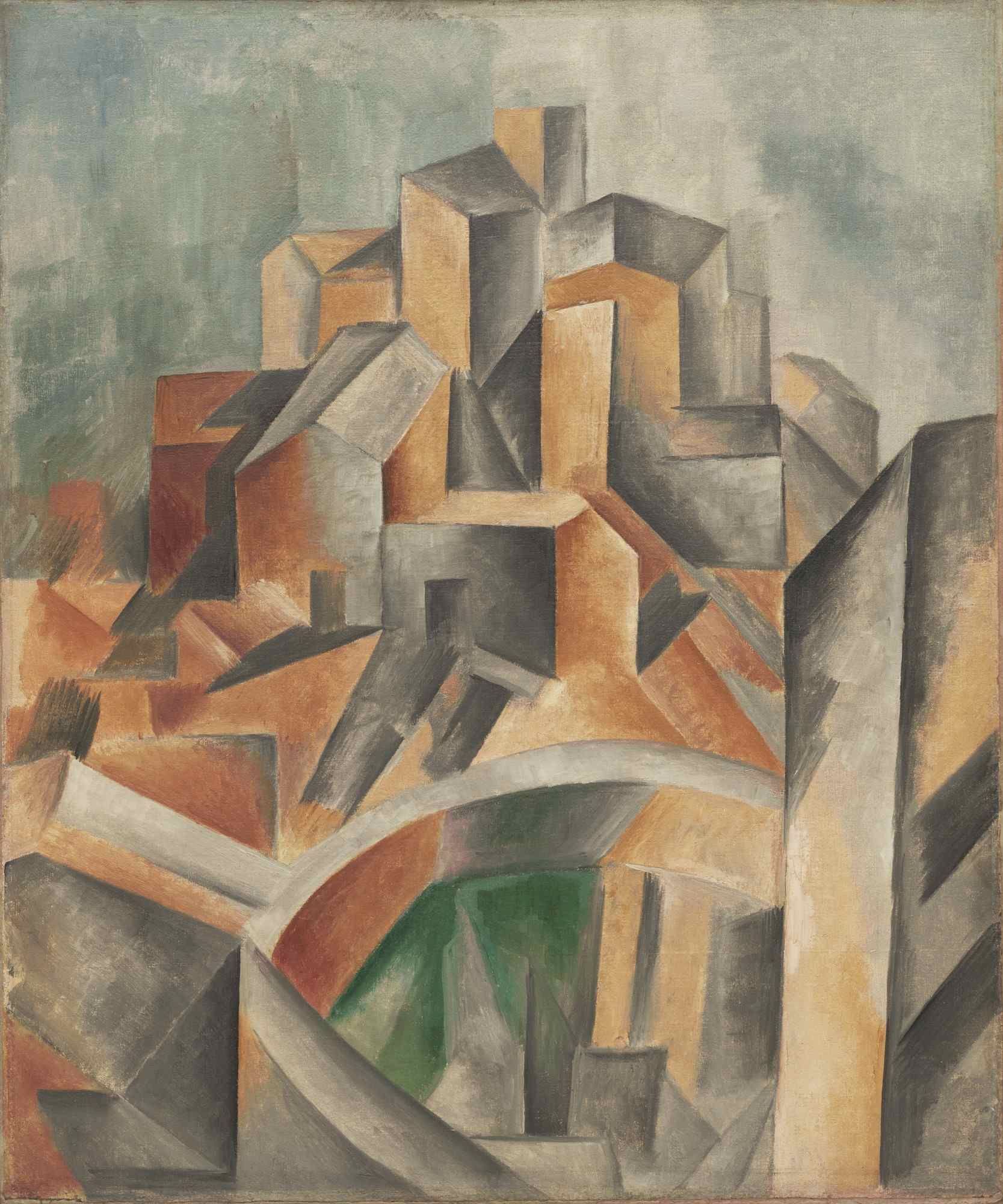 Cubist depiction of a town, using geometric shapes in shades of orange, gray, and green.
