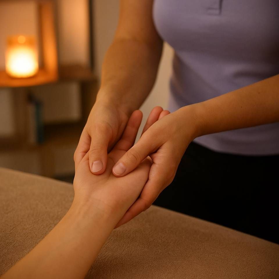 Des mains reçoivent un massage.