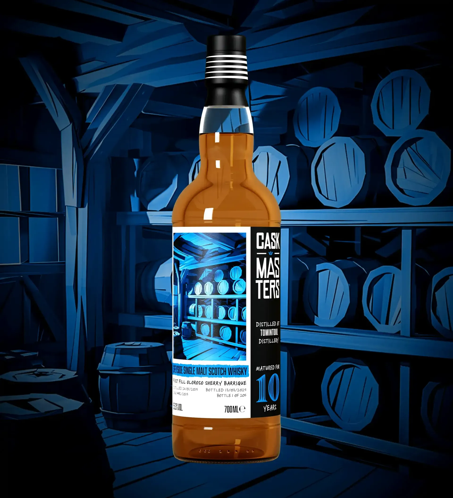 Brave New Spirits - Tomintoul - 10yo - Speyside Single Malt Scotch Whisky
Finished in a first-fill Oloroso Sherry Barrique
Strength:
55.3% ABV
Bottles:
205
Tasting Notes:
Walnuts, toffee, black cherries, thyme