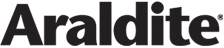 Araldit-Logo in fetter schwarzer Schrift mit einem roten Diamanten über dem „i“