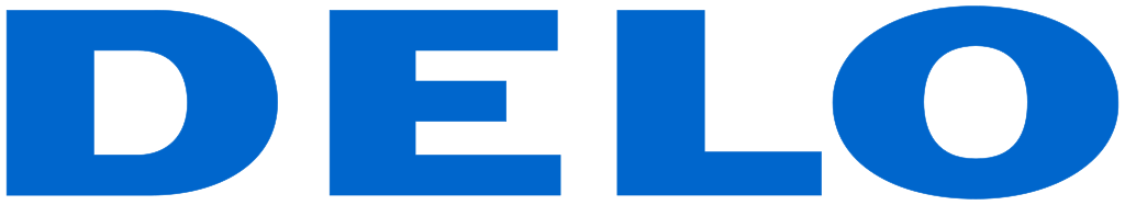 Blaues DELO-Logo auf weißem Hintergrund