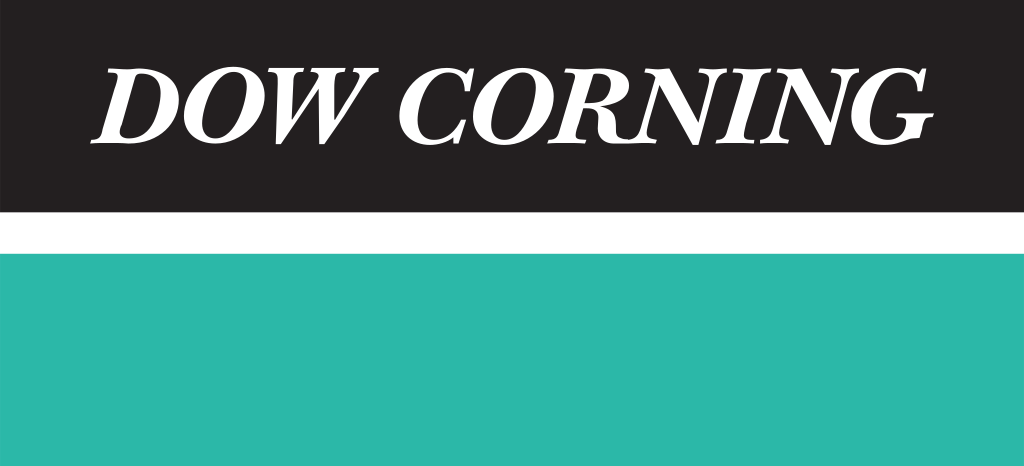 Das Dow Corning-Logo in Weiß auf schwarzem Grund über türkisfarbenem Hintergrund