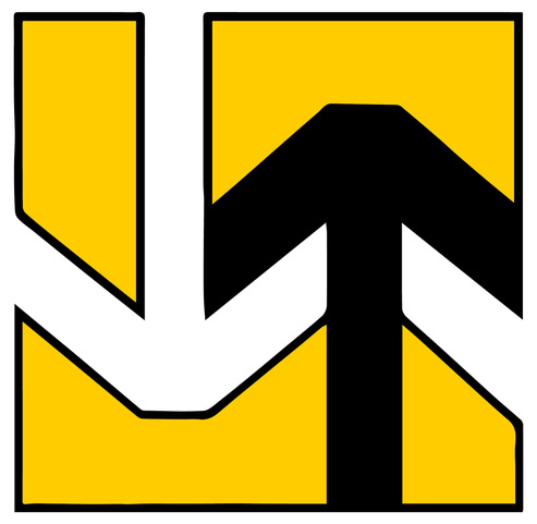 Gelbes und schwarzes Logo mit geteiltem Pfeil, das ein nach oben und unten gerichtetes Richtungssymbol bildet