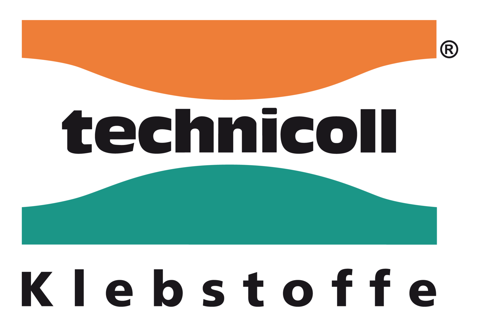 Technicoll Klebstoffe Logo mit orangefarbenen und türkisfarbenen Wellenformen