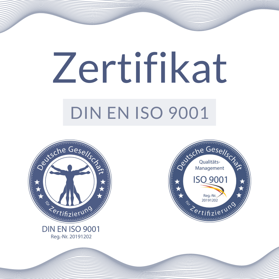 Zertifikat DIN EN ISO 9001 mit zwei blauen Siegeln und weiß-grauem Hintergrund