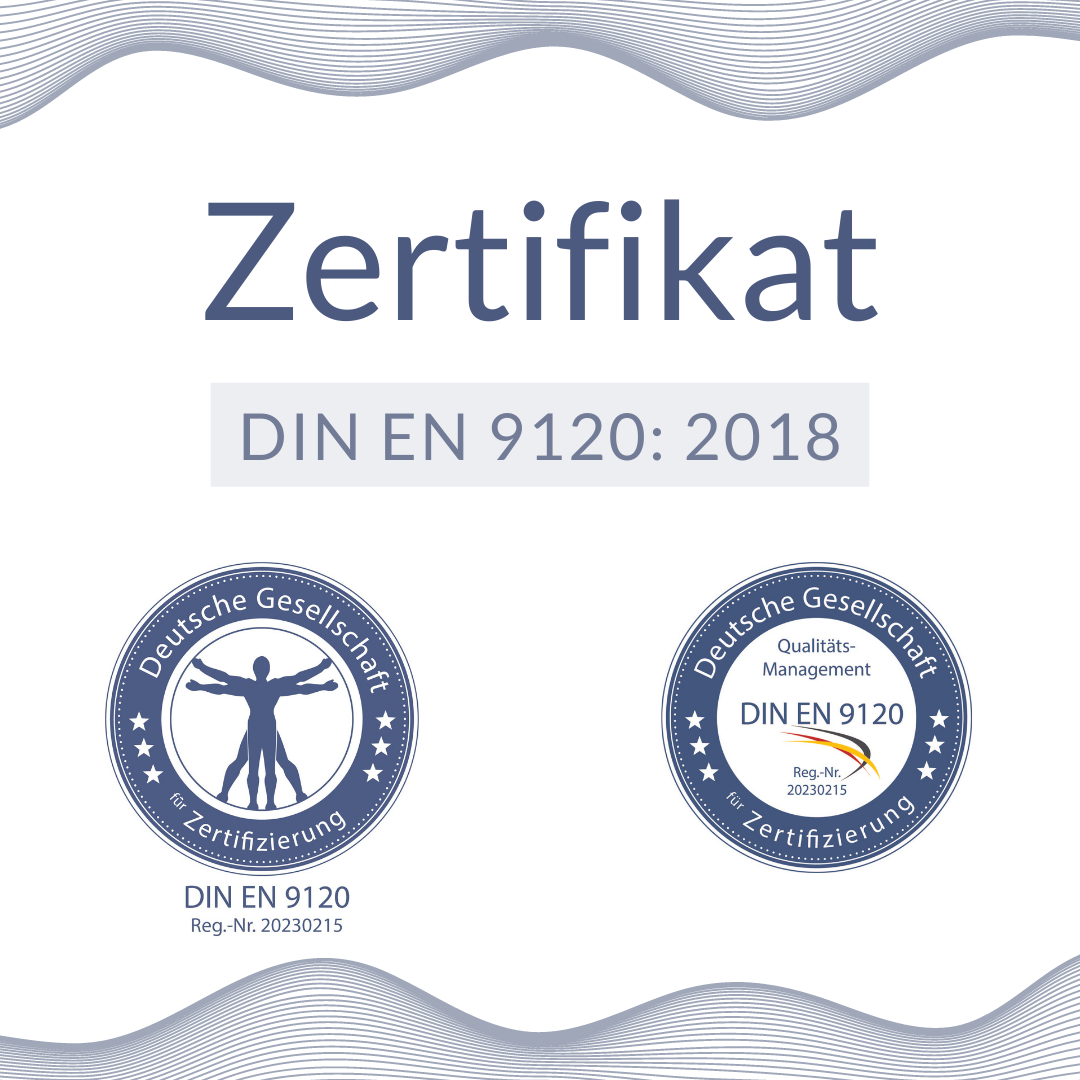 Deutsches Zertifikatssymbol für DIN EN 9120:2018 mit zwei blauen Siegeln auf weißem Hintergrund