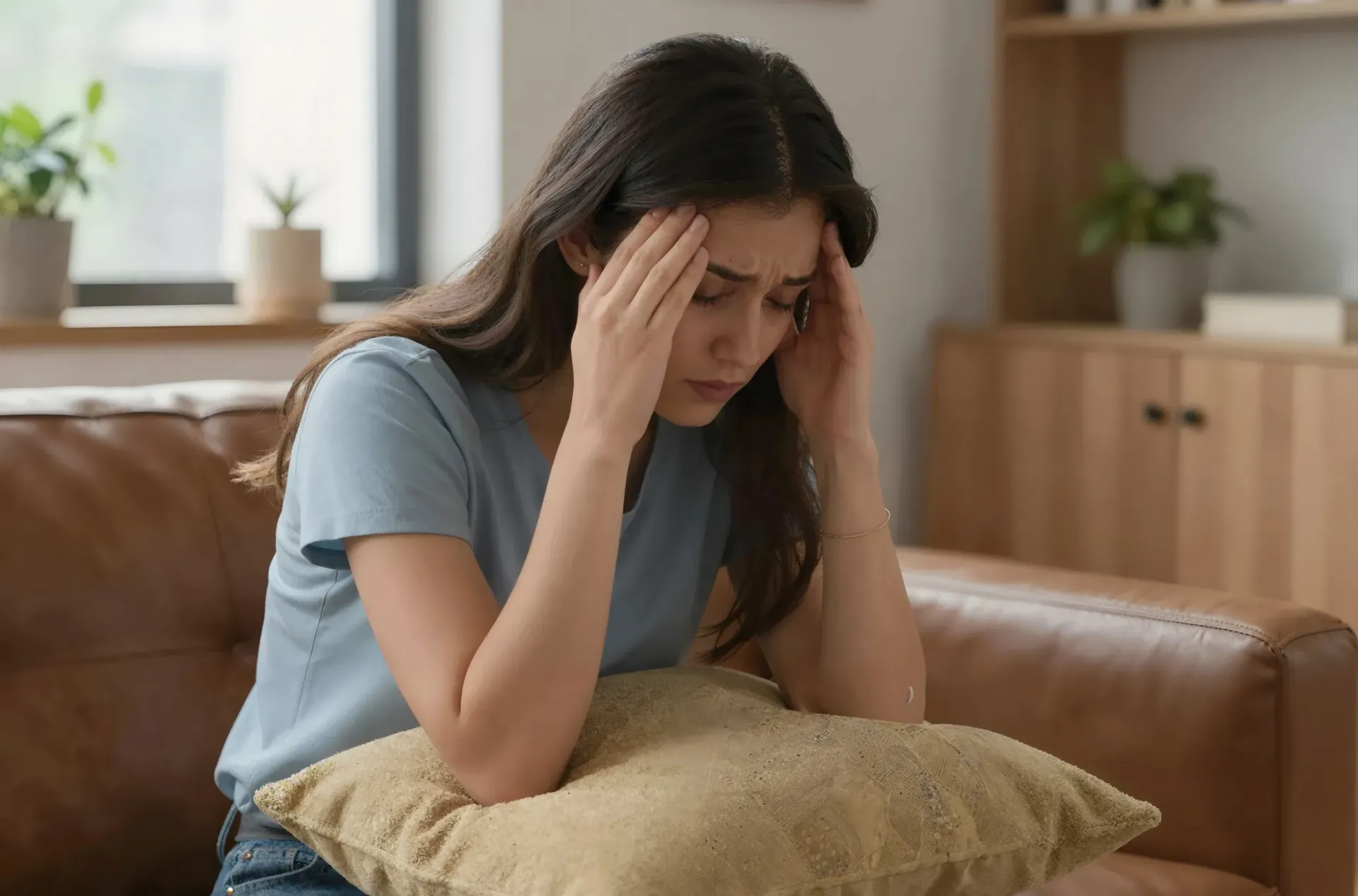 Mujer con las manos en la cabeza, mirando hacia abajo, sentada en un sofá, pareciendo estresada.