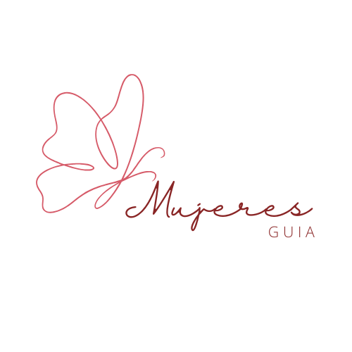 Red butterfly and script text "Mujeres Guía" (Women Guide).