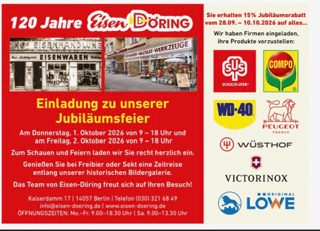 Red-and-yellow 120 Jahre Eisen-Döring anniversary event poster with sponsor logos and event details