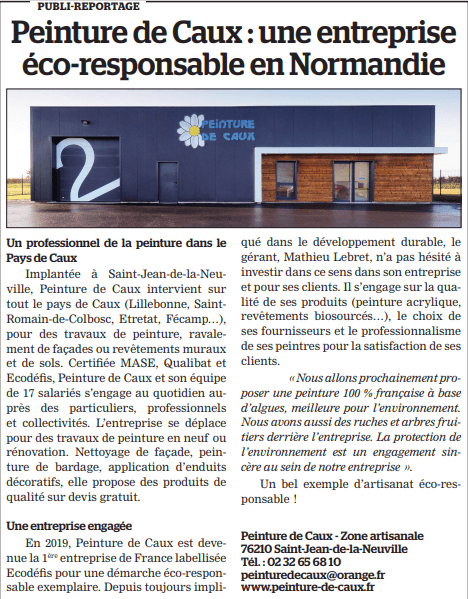 Article de presse : Peinture de Caux : une entreprise éco-responsable en Normandie