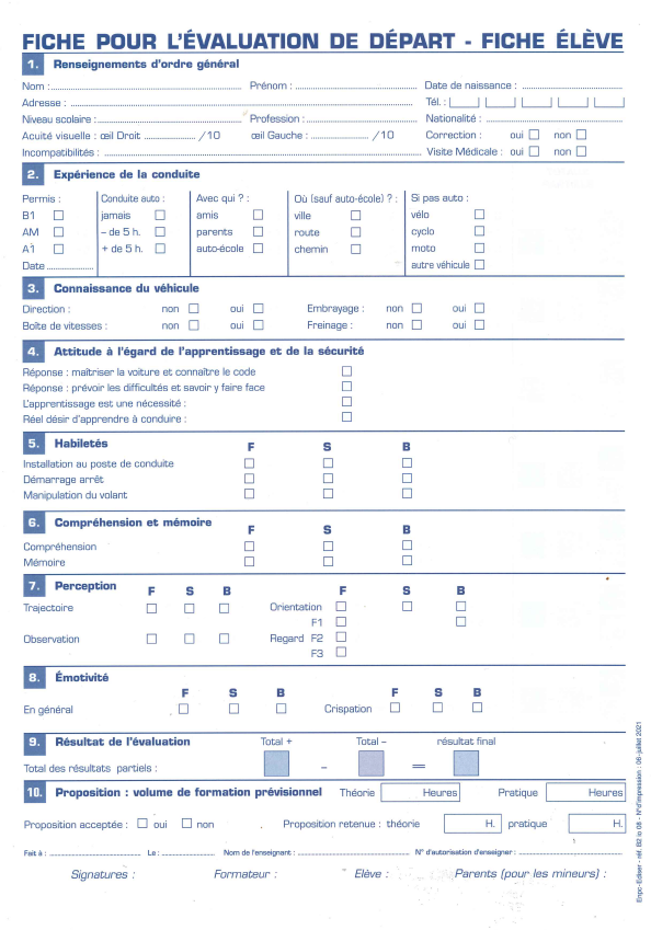 Fiche d'évaluation pour le permis B