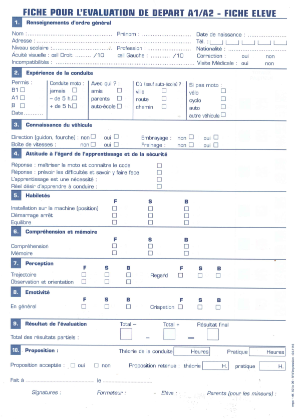 Fiche d'évaluation de départ pour le permis A2