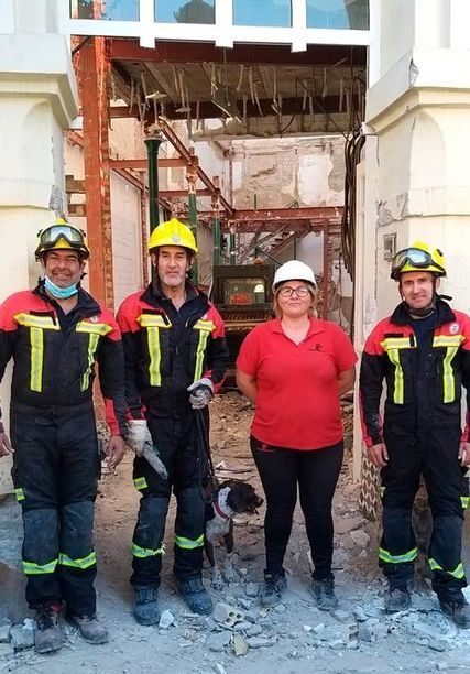 Un grupo de bomberos de pie frente a un edificio.