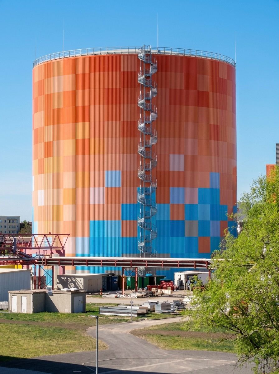 Großer orangefarbener Industrietank mit blauen Akzenten auf einer Baustelle unter klarem Himmel