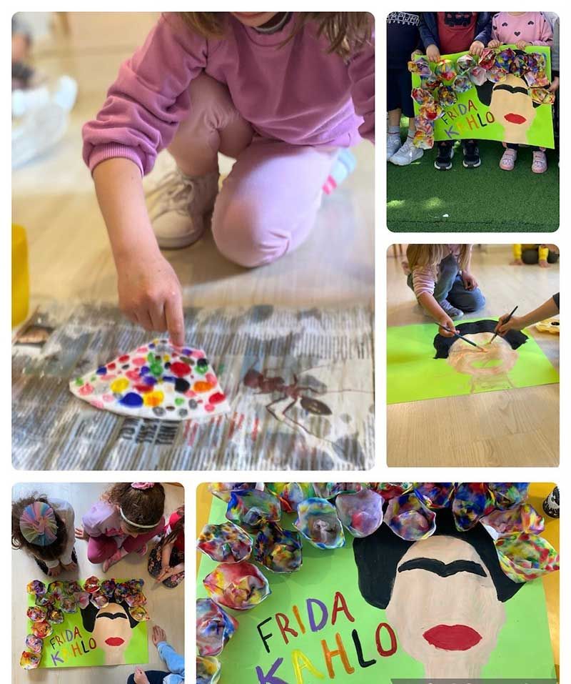 Ένα κολάζ από φωτογραφίες ενός παιδιού που φτιάχνει έναν πίνακα της Φρίντα Κάλο