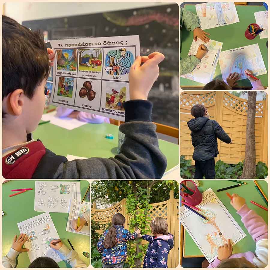 Ένα κολάζ από εικόνες παιδιών που παίζουν με σχέδια και ενός αγοριού που κρατάει μια πινακίδα.