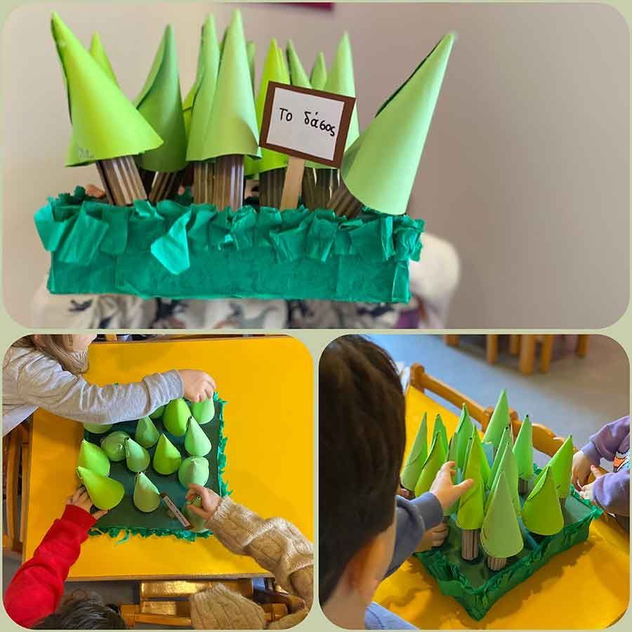 Ένα κολάζ τριών εικόνων παιδιών που φτιάχνουν ένα δάσος