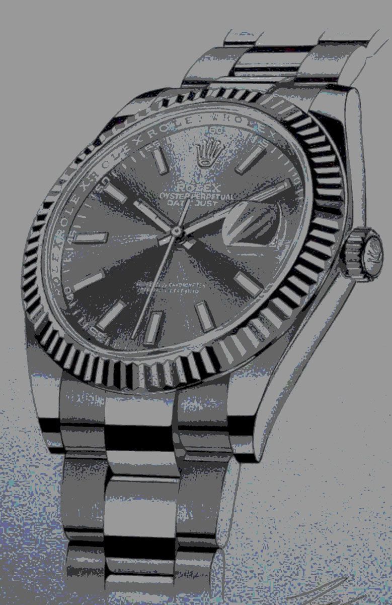 Eine schwarz-weiße Zeichnung einer Rolex-Uhr