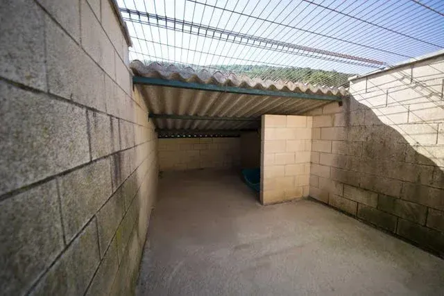 Estrecho pasillo de hormigón con techo de chapa ondulada y paredes de bloques bajo una malla metálica suspendida.