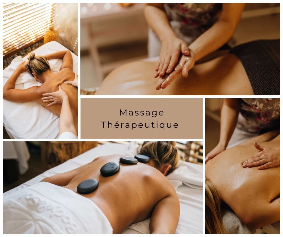 Collage de massages : une personne reçoit un massage thérapeutique aux mains et aux pierres chaudes sur le dos.