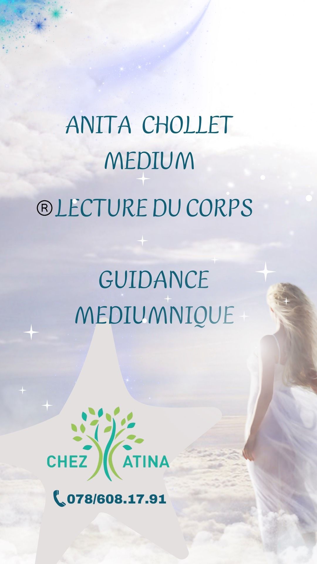 Publicité pour « Anita Chollet Medium » avec une femme, des étoiles et un numéro de téléphone.