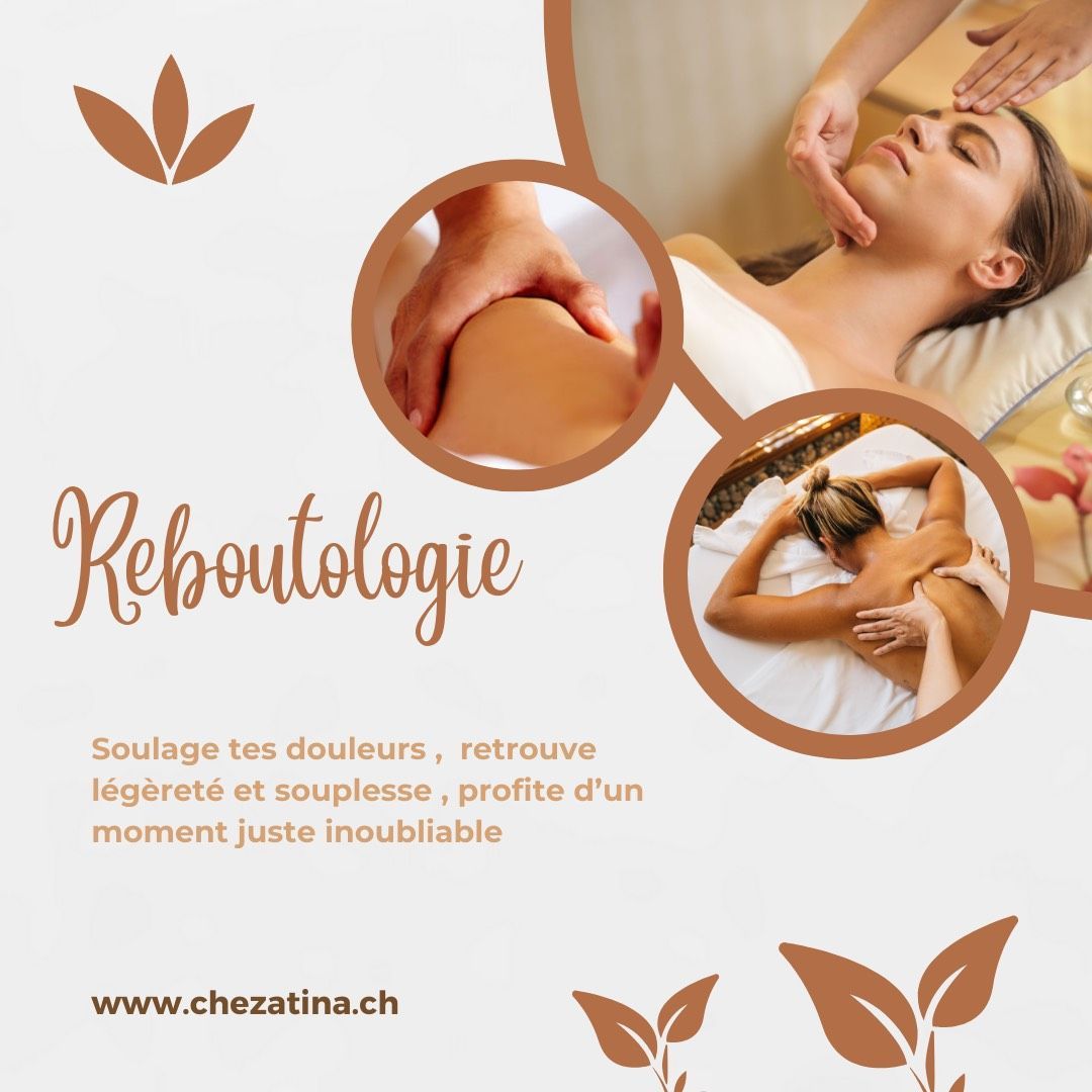 Publicité pour les massages « Reboutologie », présentant des massages manuels et l'adresse du site web.