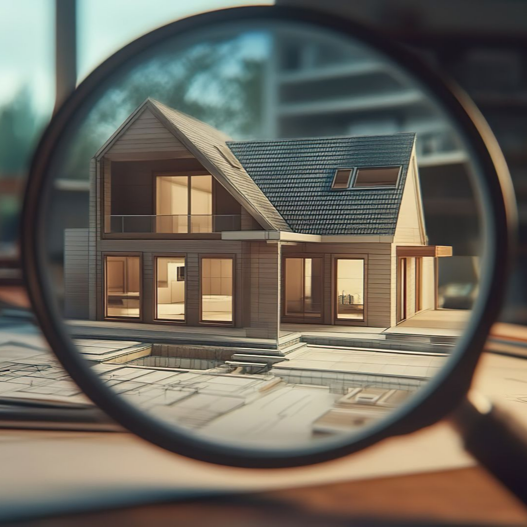 Une maquette de maison miniature observée à la loupe, posée sur des plans architecturaux.