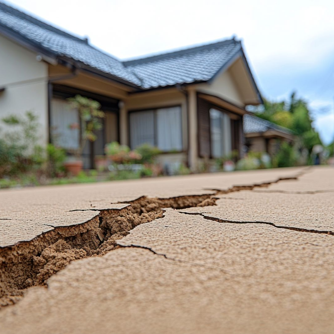 Le sol s'est fissuré suite à un tremblement de terre devant une maison.