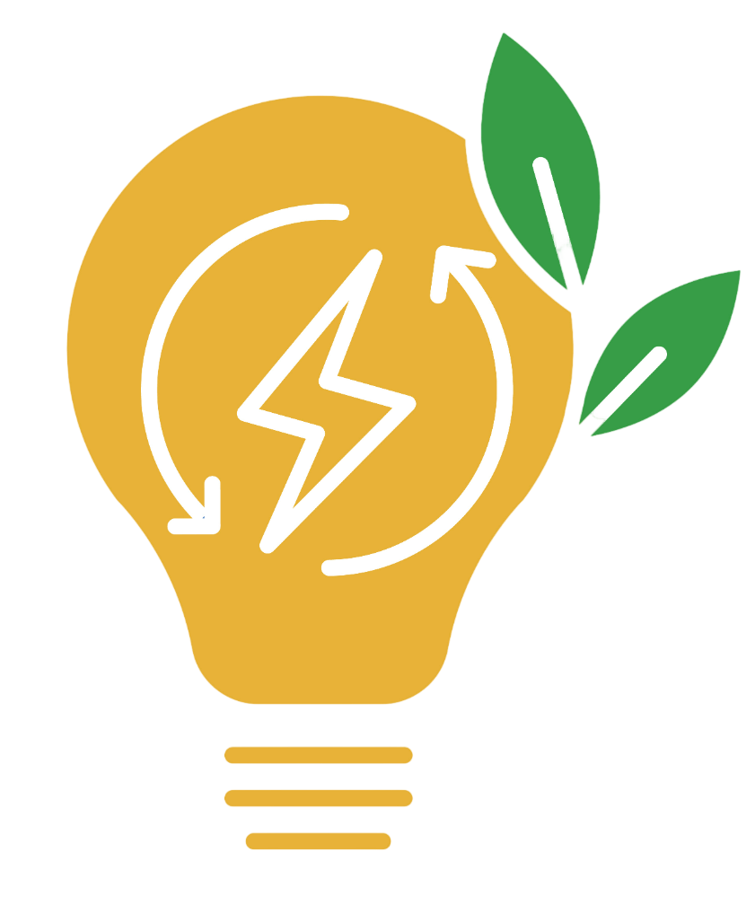 Ampoule jaune avec un éclair et des flèches de recyclage, avec des feuilles.