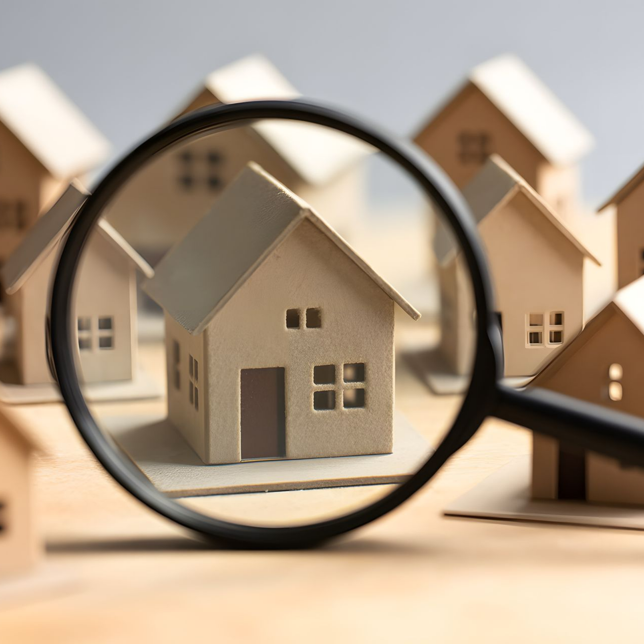 Loupe braquée sur une maquette de maison miniature.