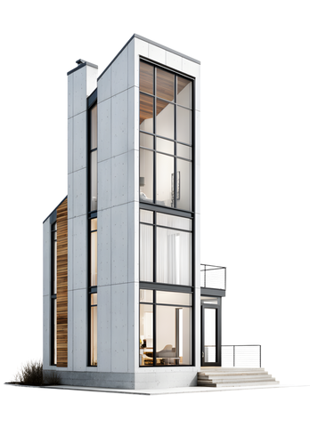 Maison moderne à plusieurs étages avec de grandes fenêtres.