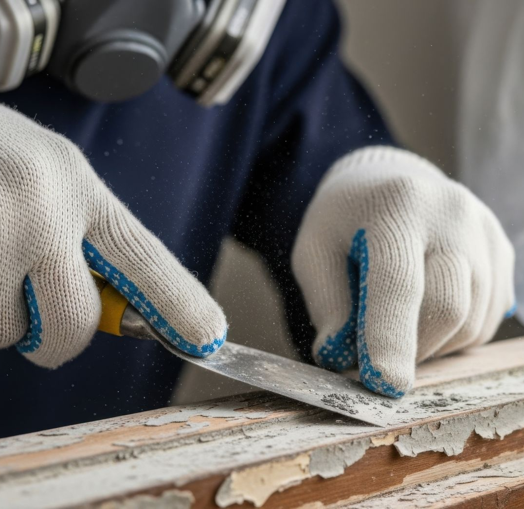 Une personne portant un masque respiratoire et des gants gratte de la peinture sur un cadre de fenêtre en bois.