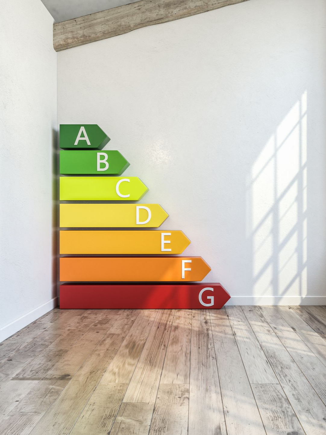 Étiquette d'efficacité énergétique dans une pièce, classée de A à G.