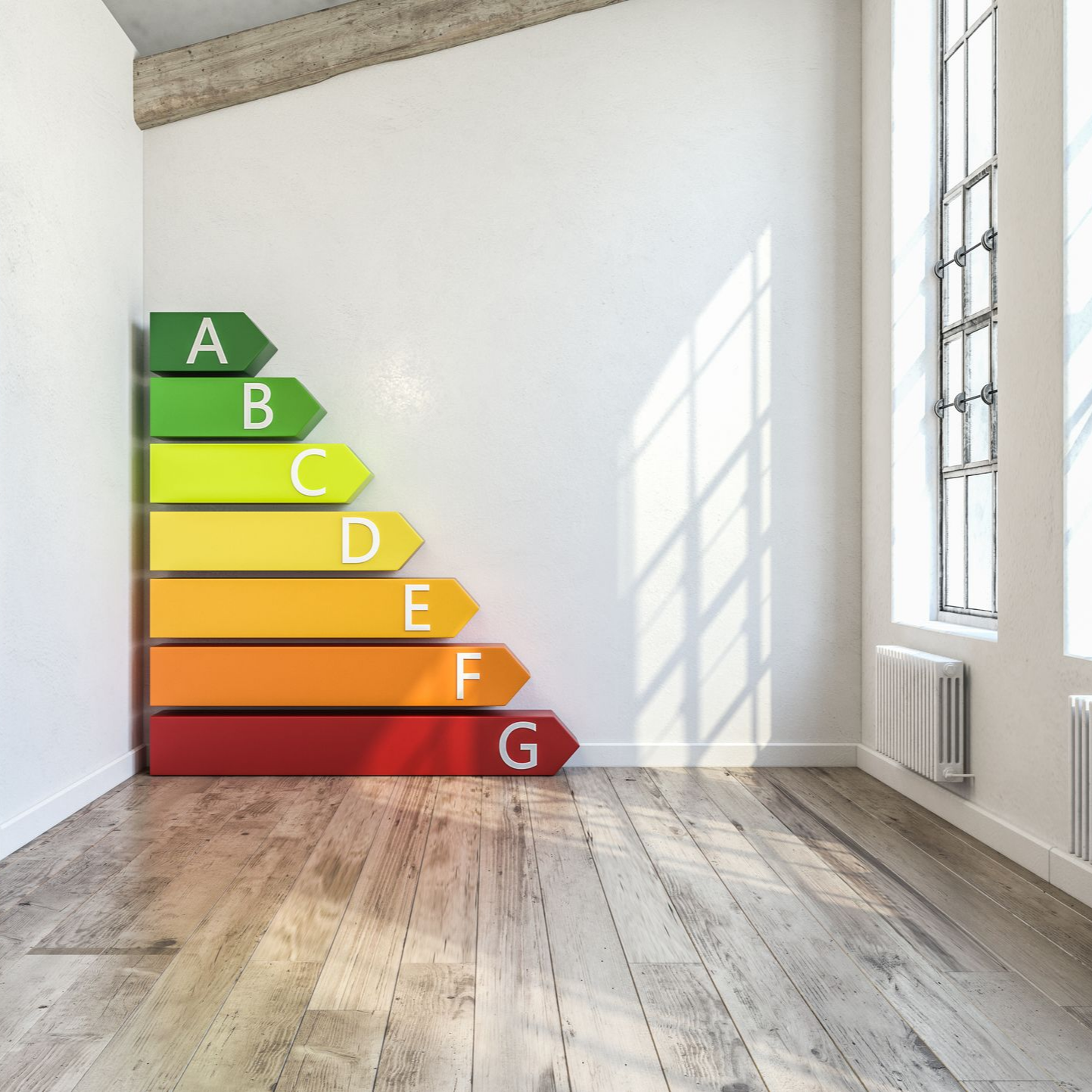 Tableau d'efficacité énergétique sur un mur blanc dans une pièce avec parquet et fenêtre.