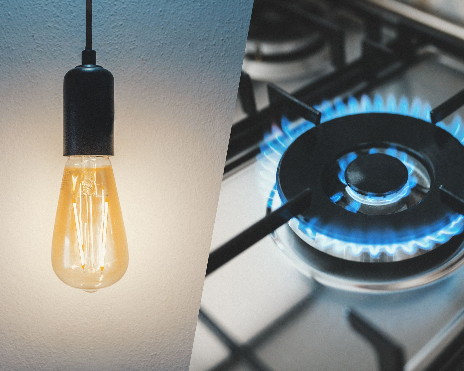 Ampoule accrochée à un mur blanc ; brûleur de cuisinière à gaz aux flammes bleues.