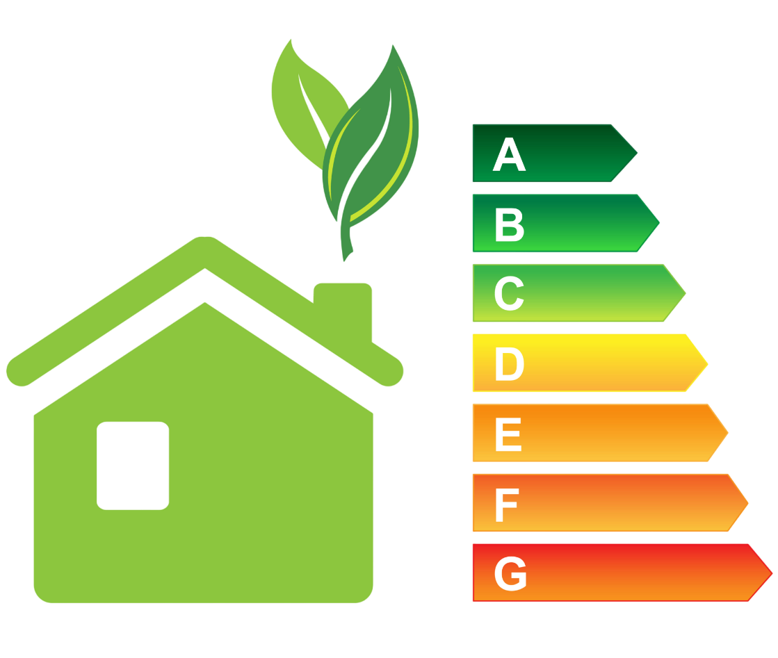 Maison avec des feuilles s'échappant de la cheminée et tableau d'évaluation de l'efficacité énergétique.