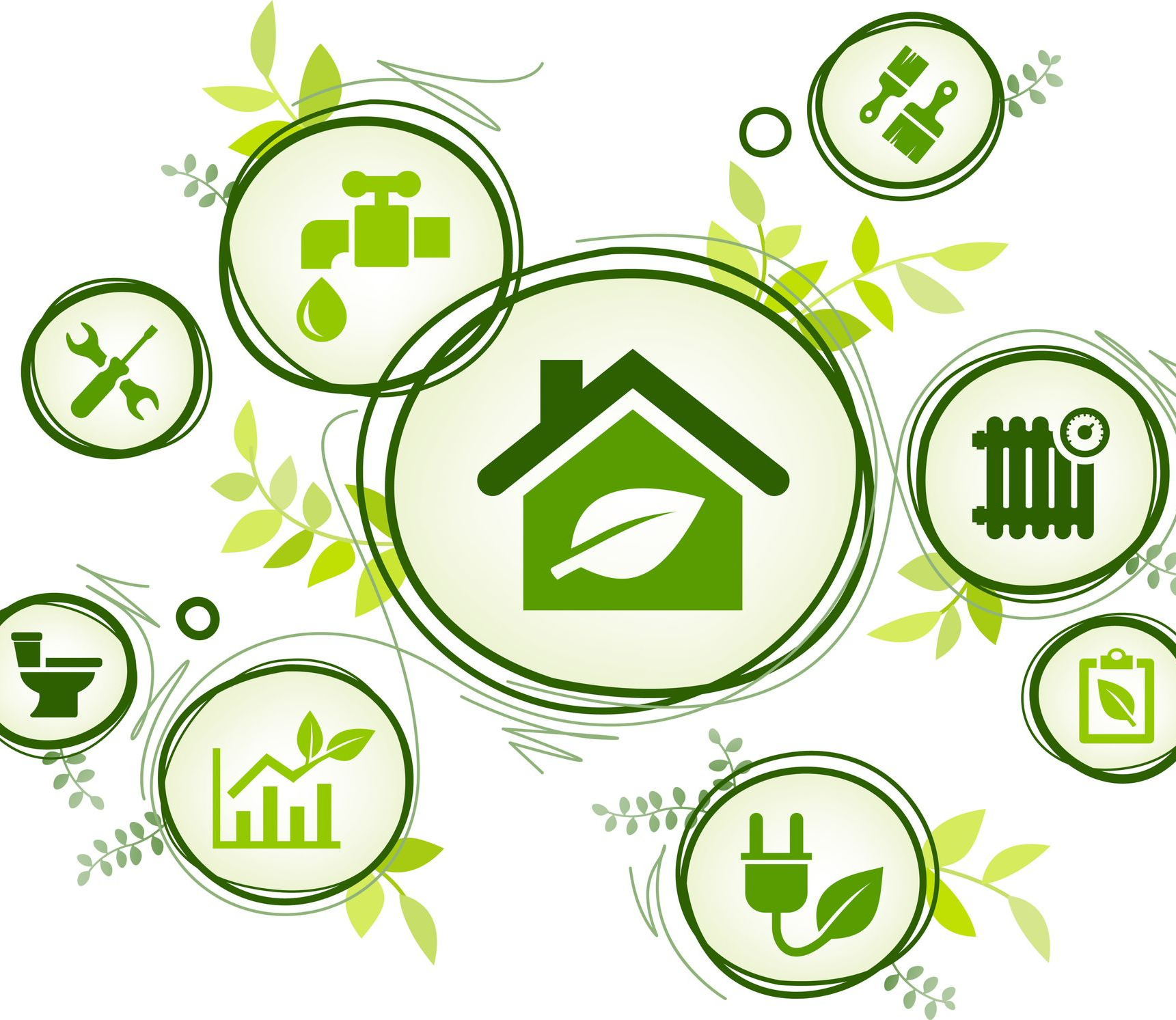 Maison verte avec des icônes représentant la plomberie, l'énergie, les réparations et les économies.
