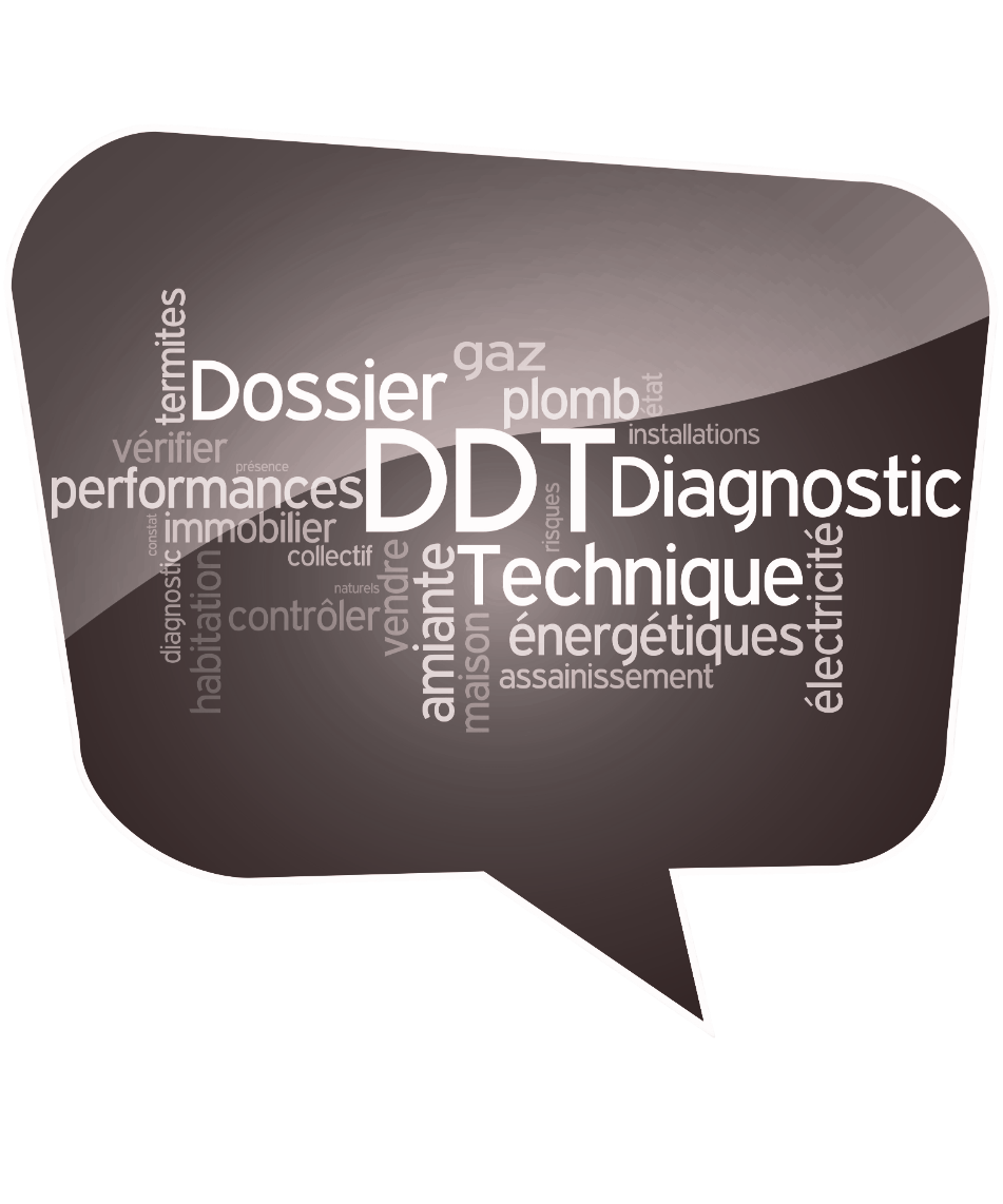 Nuage de mots dans une bulle de dialogue, présentant le dossier de diagnostic technique.