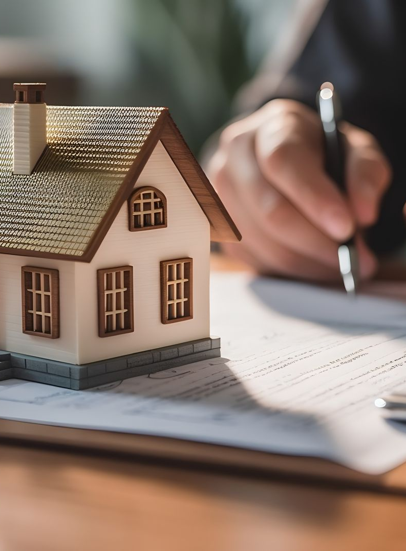 Maison miniature à côté d'une personne signant des documents.