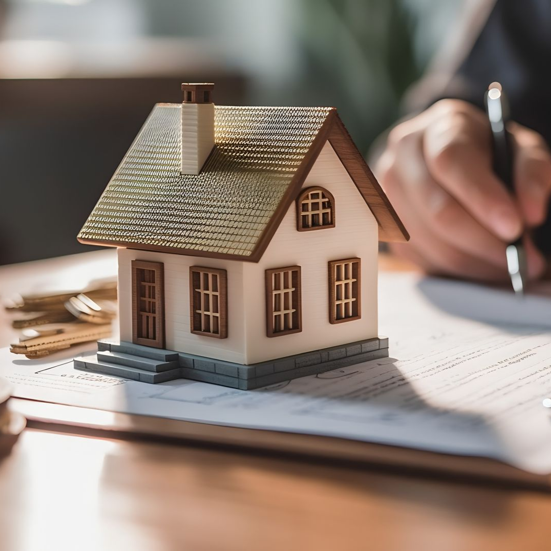 Maquette miniature d'une maison sur un document qu'une personne signe avec un stylo.