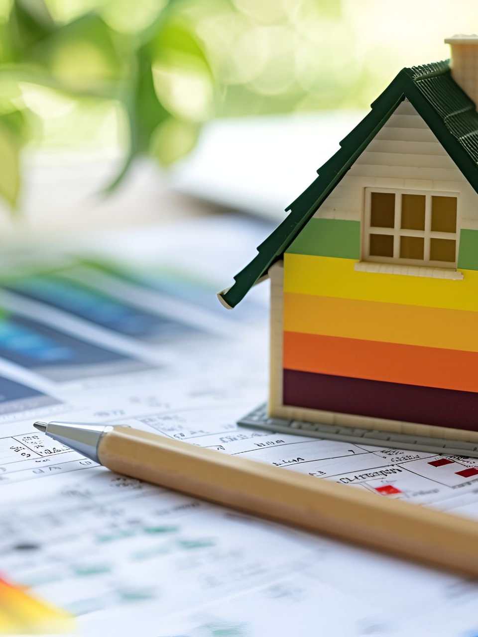 Maison miniature aux façades colorées posée sur des papiers, avec un crayon au premier plan.