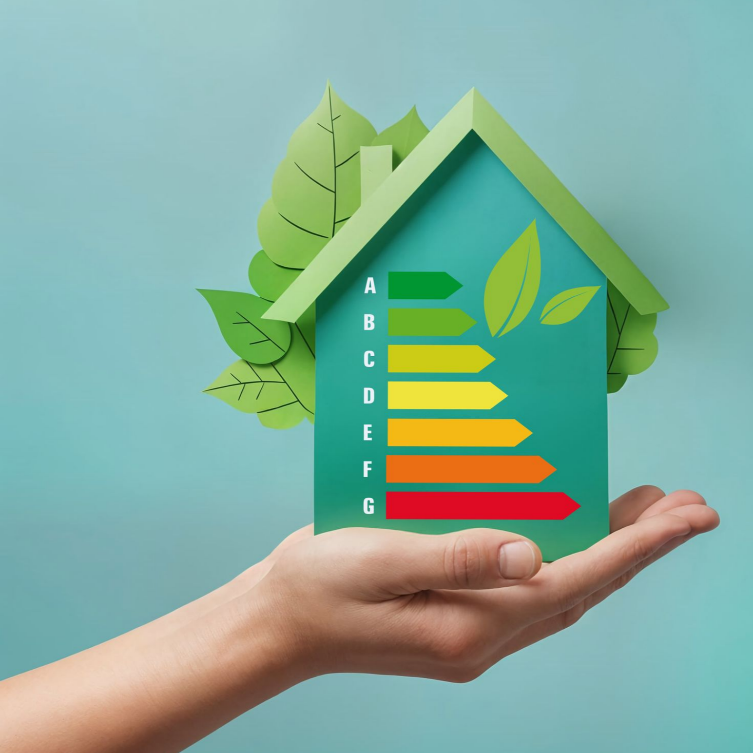 Main tenant une maison turquoise avec des étiquettes d'efficacité énergétique.