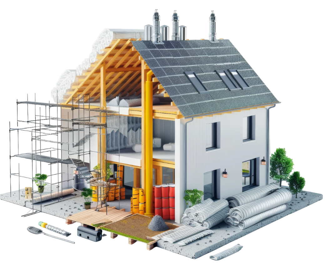 Maison en construction, montrant la charpente, les échafaudages.