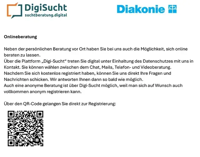 Infoflyer für die Online-Suchtberatungsplattform Digisucht der Diakonie mit einem QR-Code zur anonymen Registrierung.