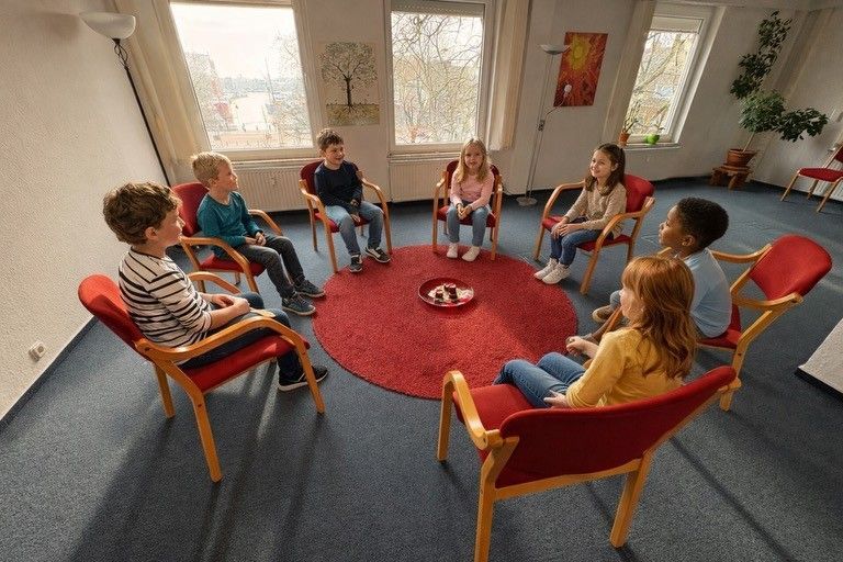 In einem hellen Raum sitzt eine Gruppe von Menschen im Kreis auf roten Stühlen um einen roten Teppich herum und blickt auf eine kleine Schale in der Mitte.
