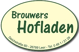 Logo für Brouwers Hofladen, mit dem Firmennamen in dunkelgrüner Schrift auf ovalem, hellgelbem Hintergrund.