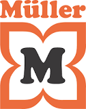 Das Müller-Logo zeigt eine orangefarbene, stilisierte Blume mit einem dunkelgrauen Buchstaben „M“ in der Mitte.