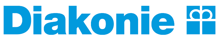Das blaue Wortzeichen „Diakonie“, gefolgt von einem quadratischen Logo, bestehend aus vier blauen Quadranten und einem weißen Schleifenmotiv.